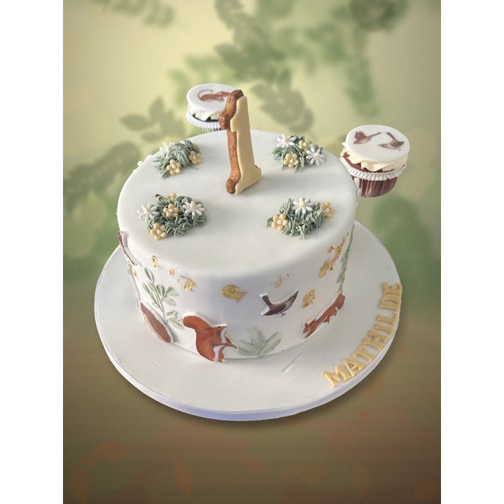 Personalised birthday cake with matching cupcakes – printed fox, birds and foliage