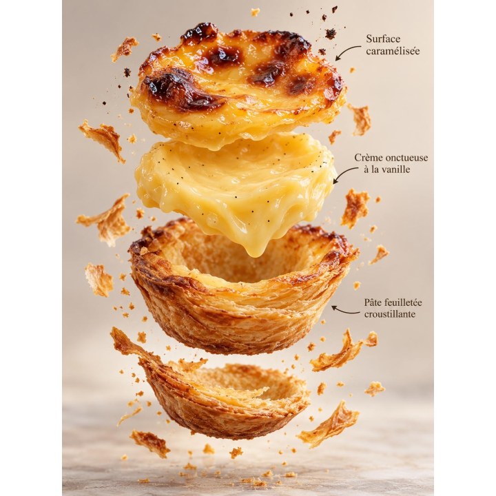 Pastel de Nata in Schichten: karamellisierte Oberfläche, Vanillecreme mit Zimt, Blätterteig