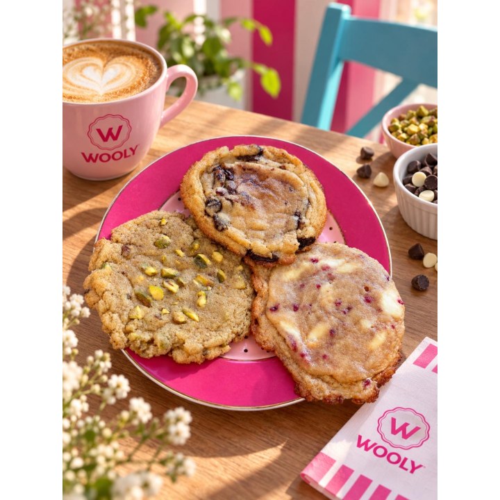 Drei Soft Cookies und ein Wooly-Kaffee