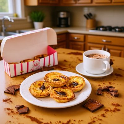 Chocolat chaud et pastéis sur la table de la cuisine. Dimanche n'a pas besoin de plus.